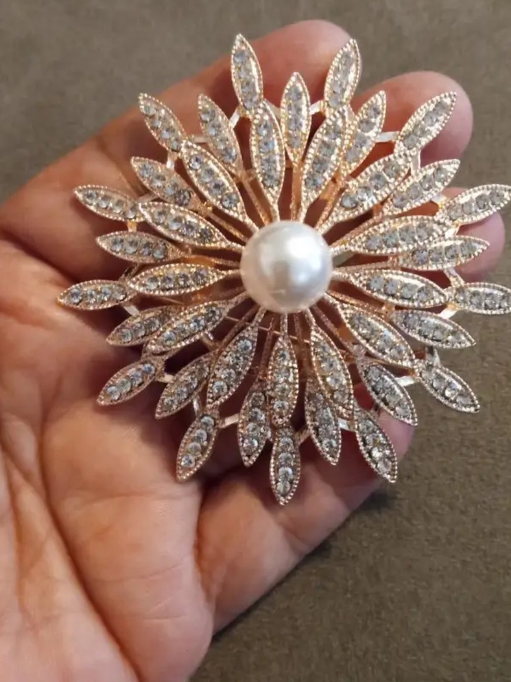Sparkling Pearl Center Rose Gold Floral Brooch